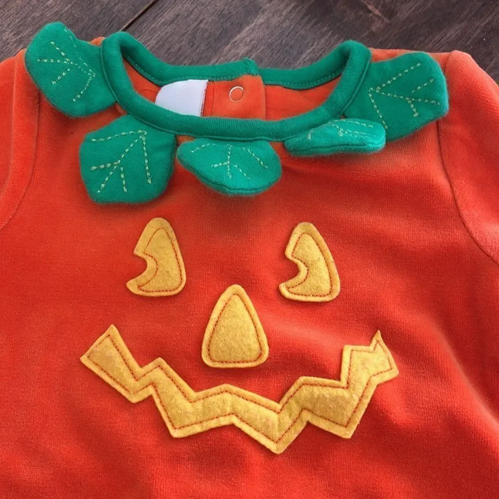 Osh Kosh Baby Orange Pumpkin Soft Fleece Snap One Piece with Hat- 12 months